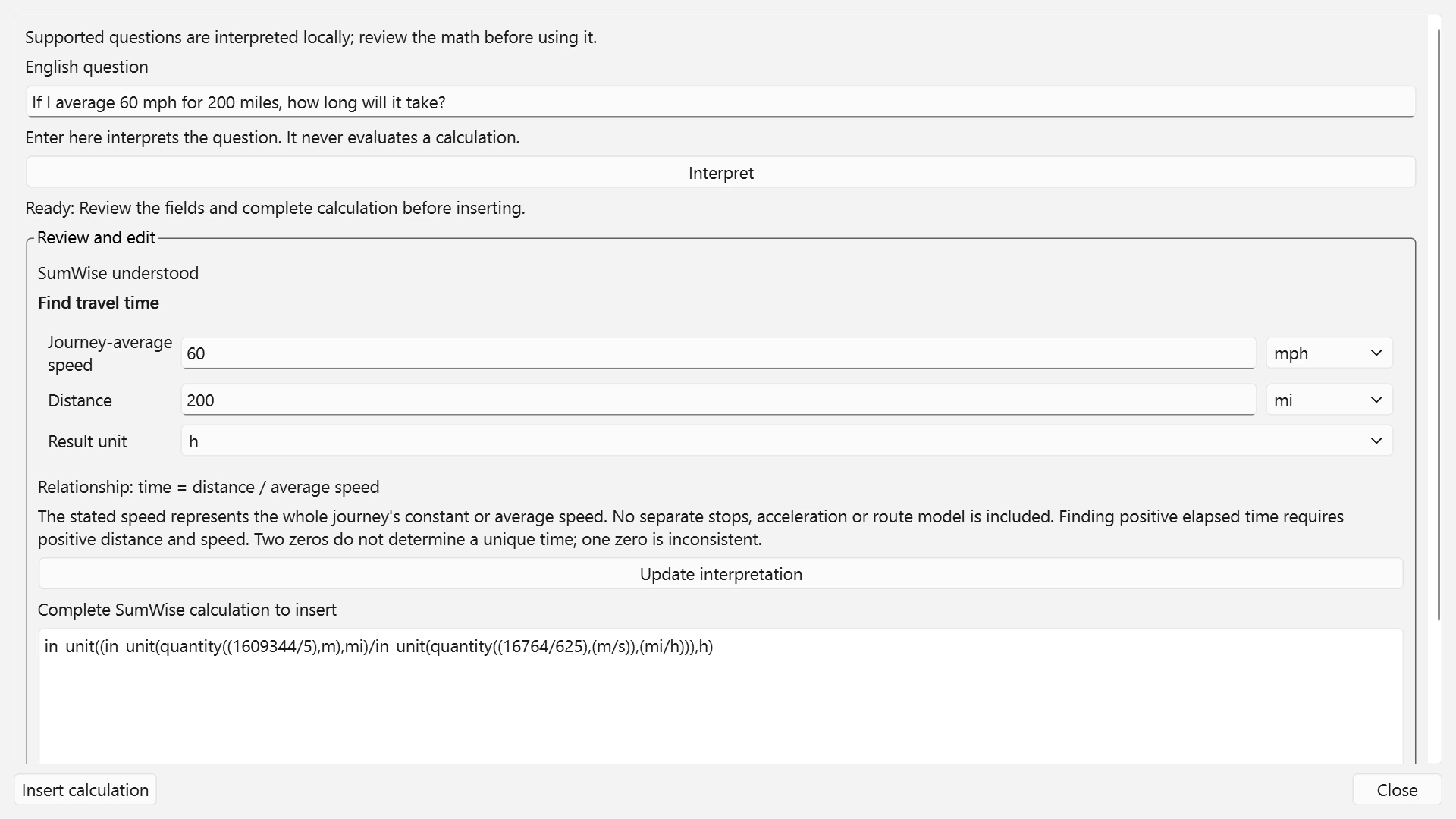 Ask shows the travel-time task, units, relationship and generated calculation.