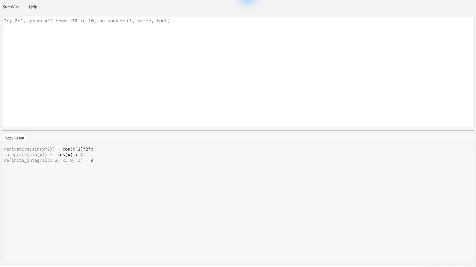 SumWise showing derivative, antiderivative, and definite integral results.