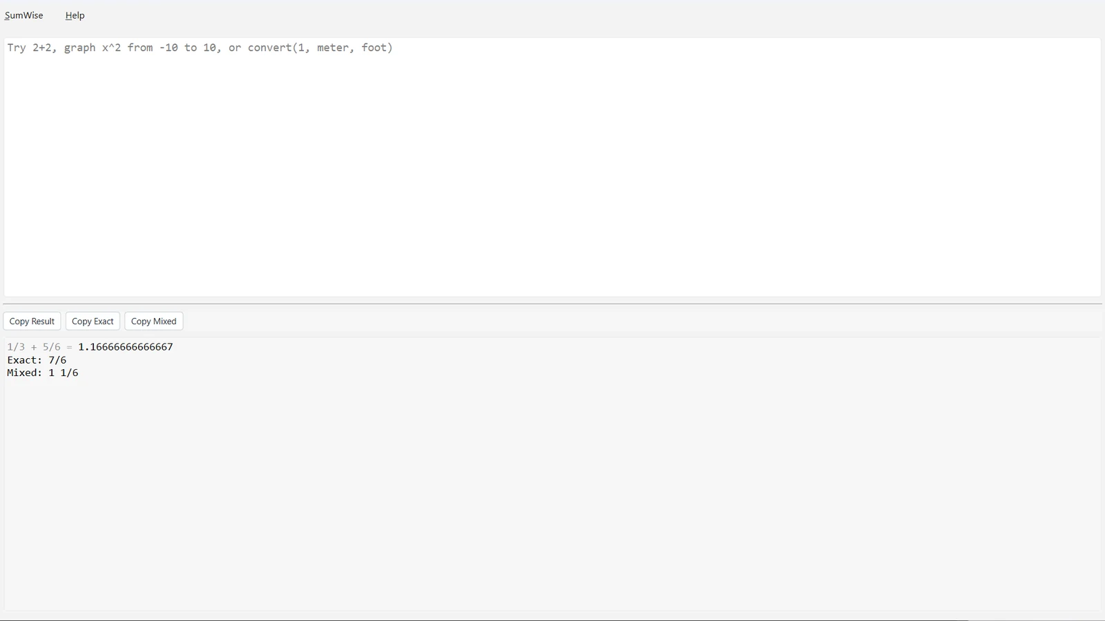 SumWise showing decimal, exact fraction, and mixed-number results for one calculation.