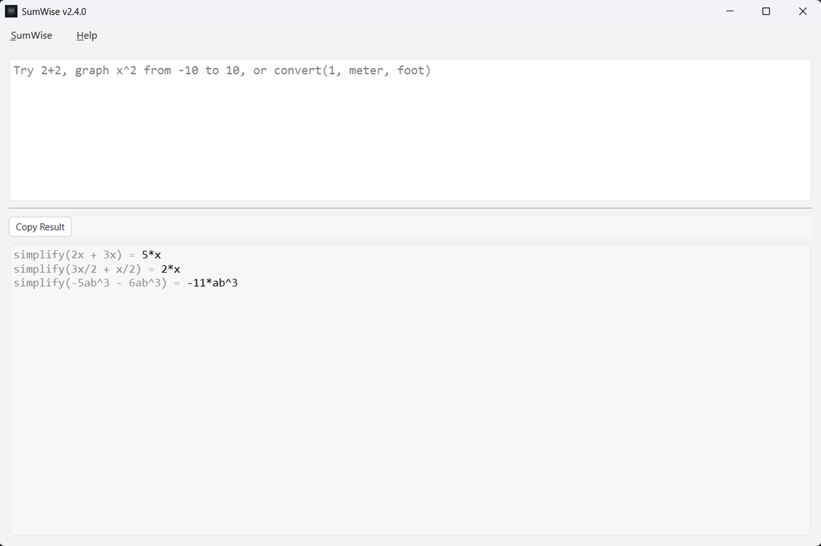 SumWise 2.4 showing exact simplify results for signed and rational coefficients, powers, and multi-symbol terms.
