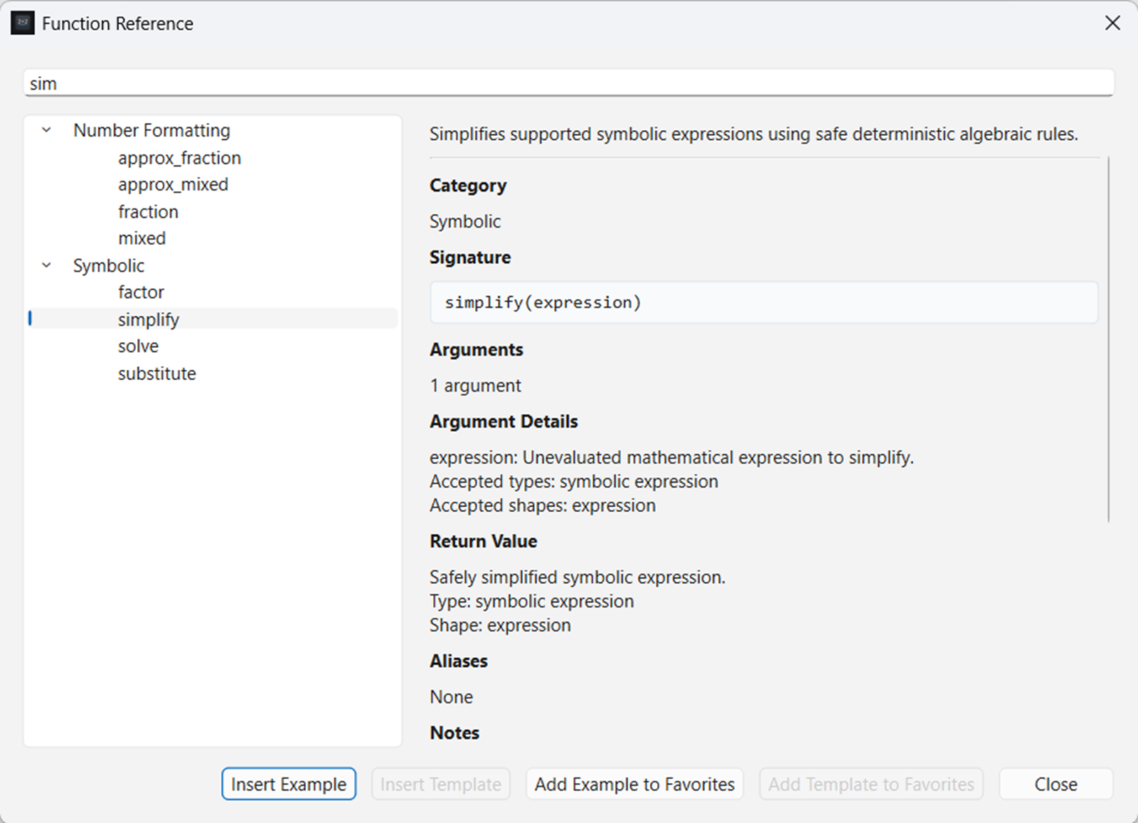SumWise 2.4 Function Reference filtered to simplify, showing syntax, arguments, return details, and guidance.