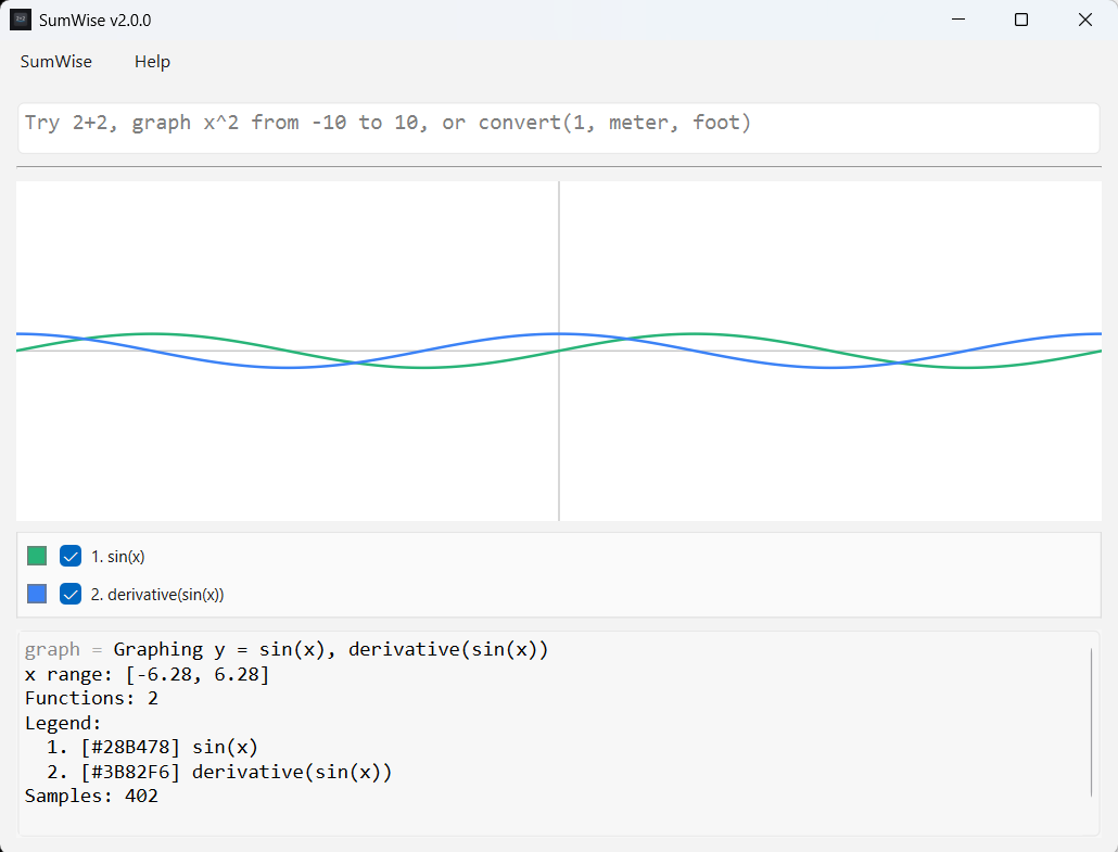 SumWise graphing sin(x) and derivative(sin(x)) together.