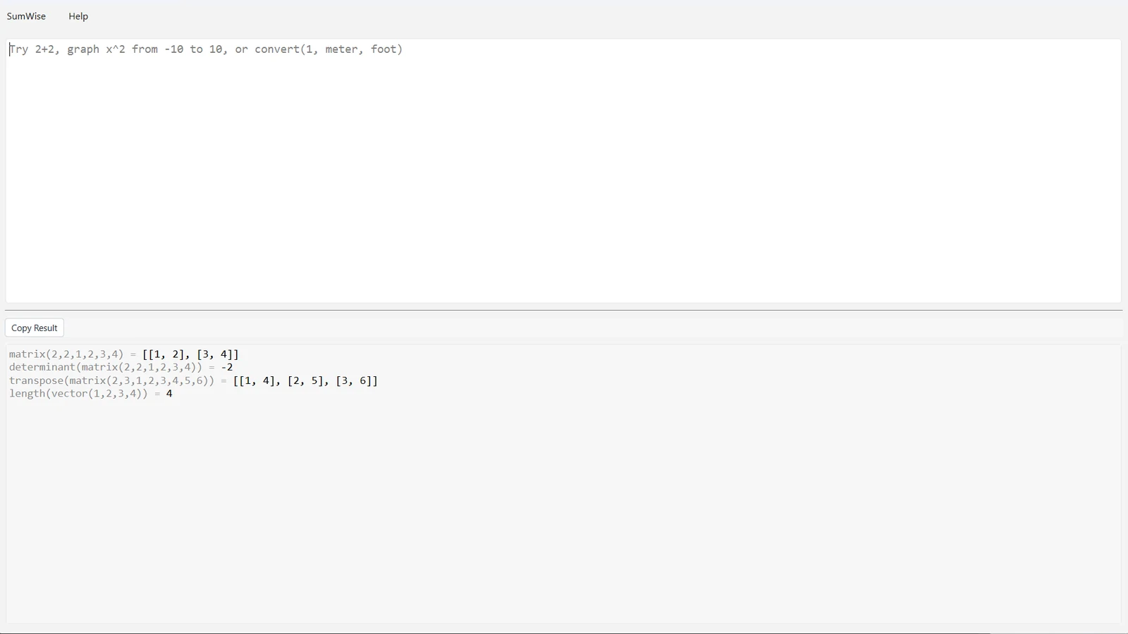 SumWise calculating a matrix, determinant, transpose, and vector length.