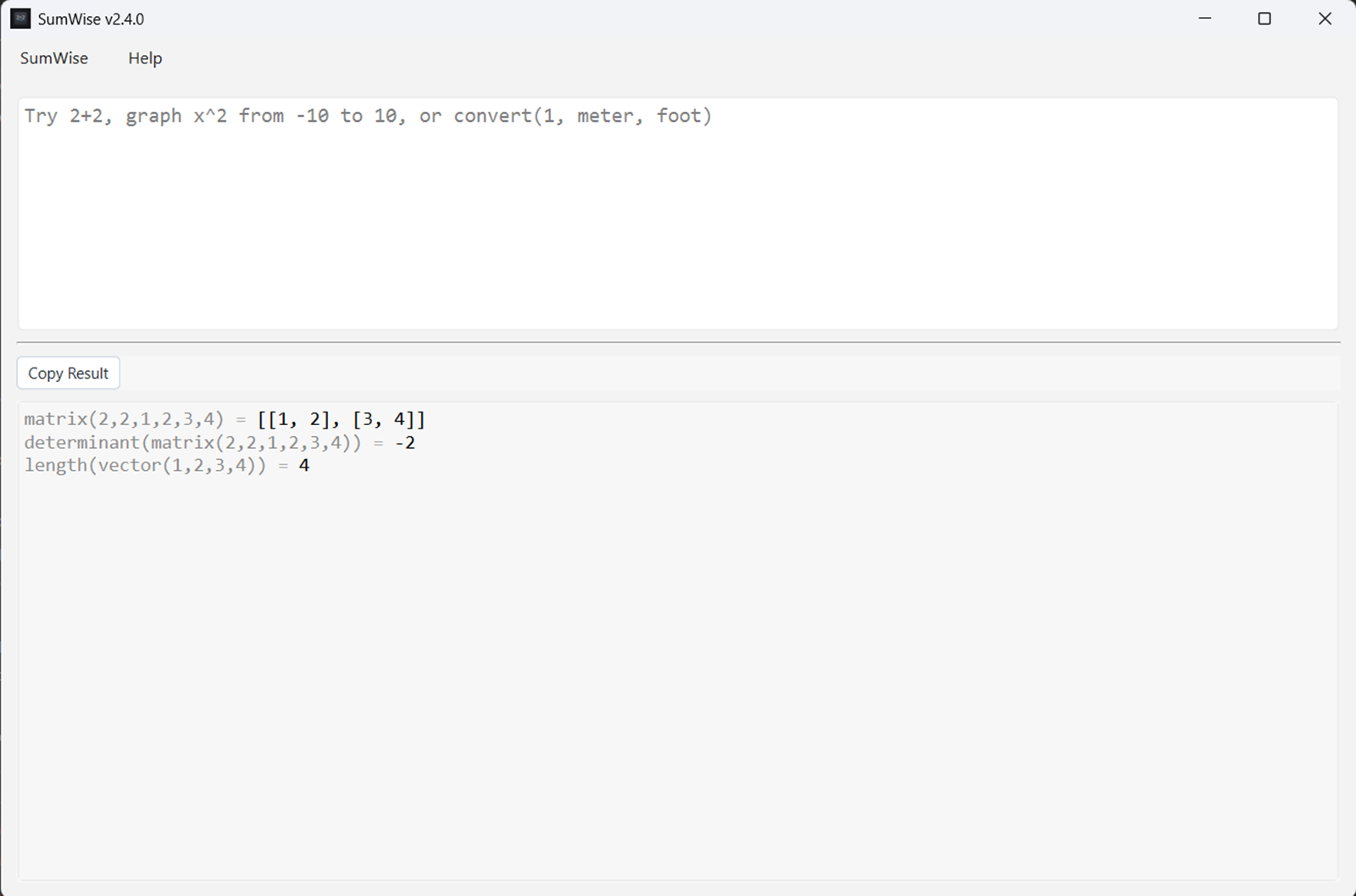 SumWise 2.4 showing a formatted matrix, determinant, and vector length.