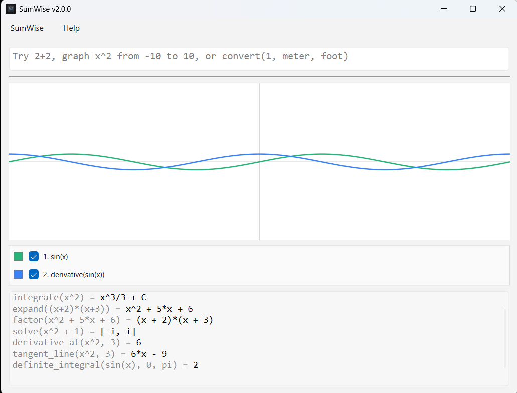 SumWise symbolic calculus examples in the output history.