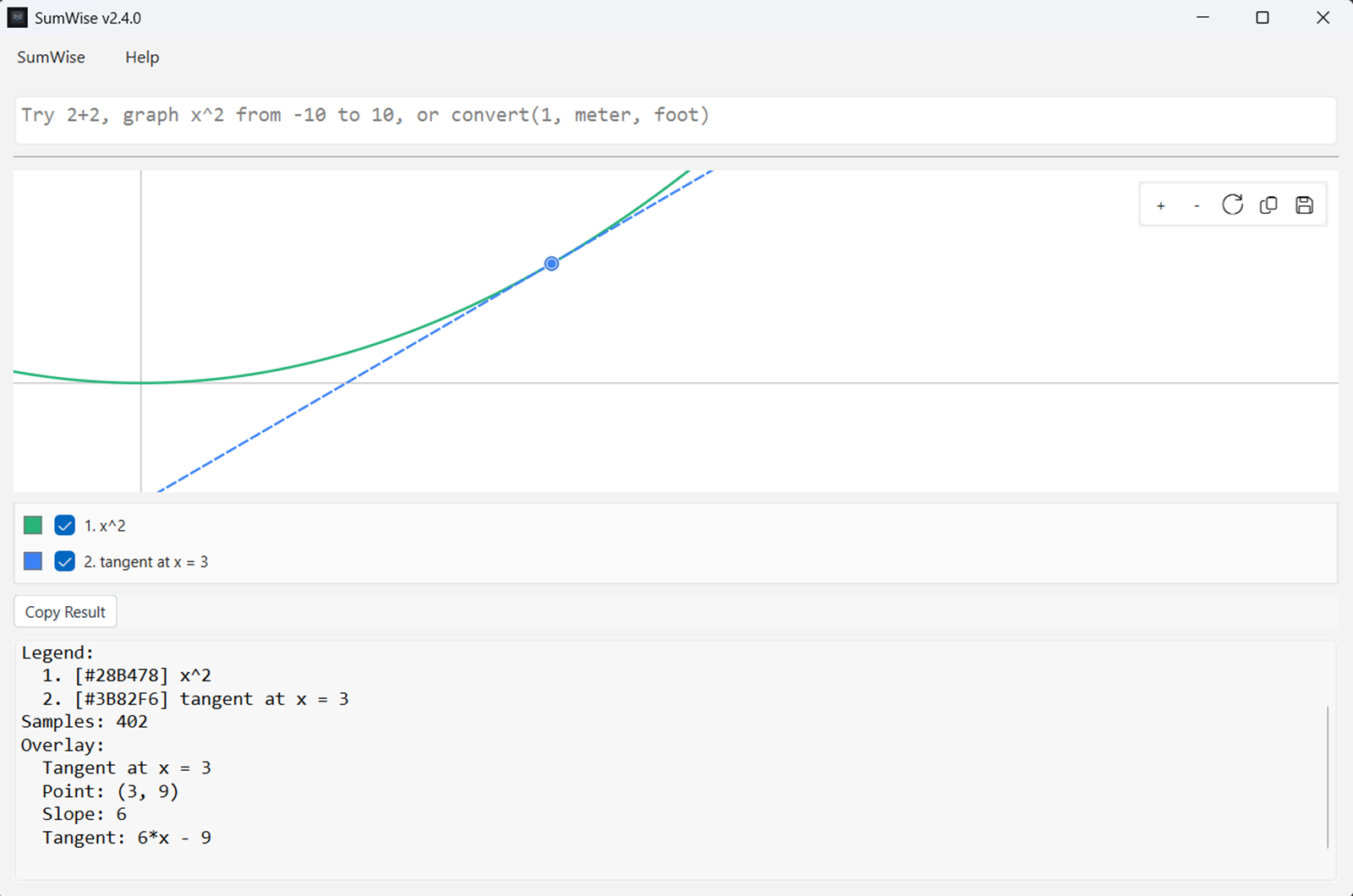 SumWise 2.4 graphing x squared with a tangent point at x equals 3, slope 6, and tangent line 6*x - 9.