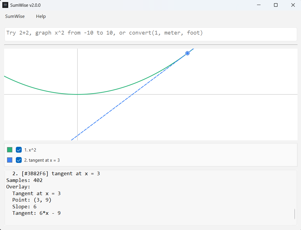 SumWise tangent line overlay for x squared at x equals 3.
