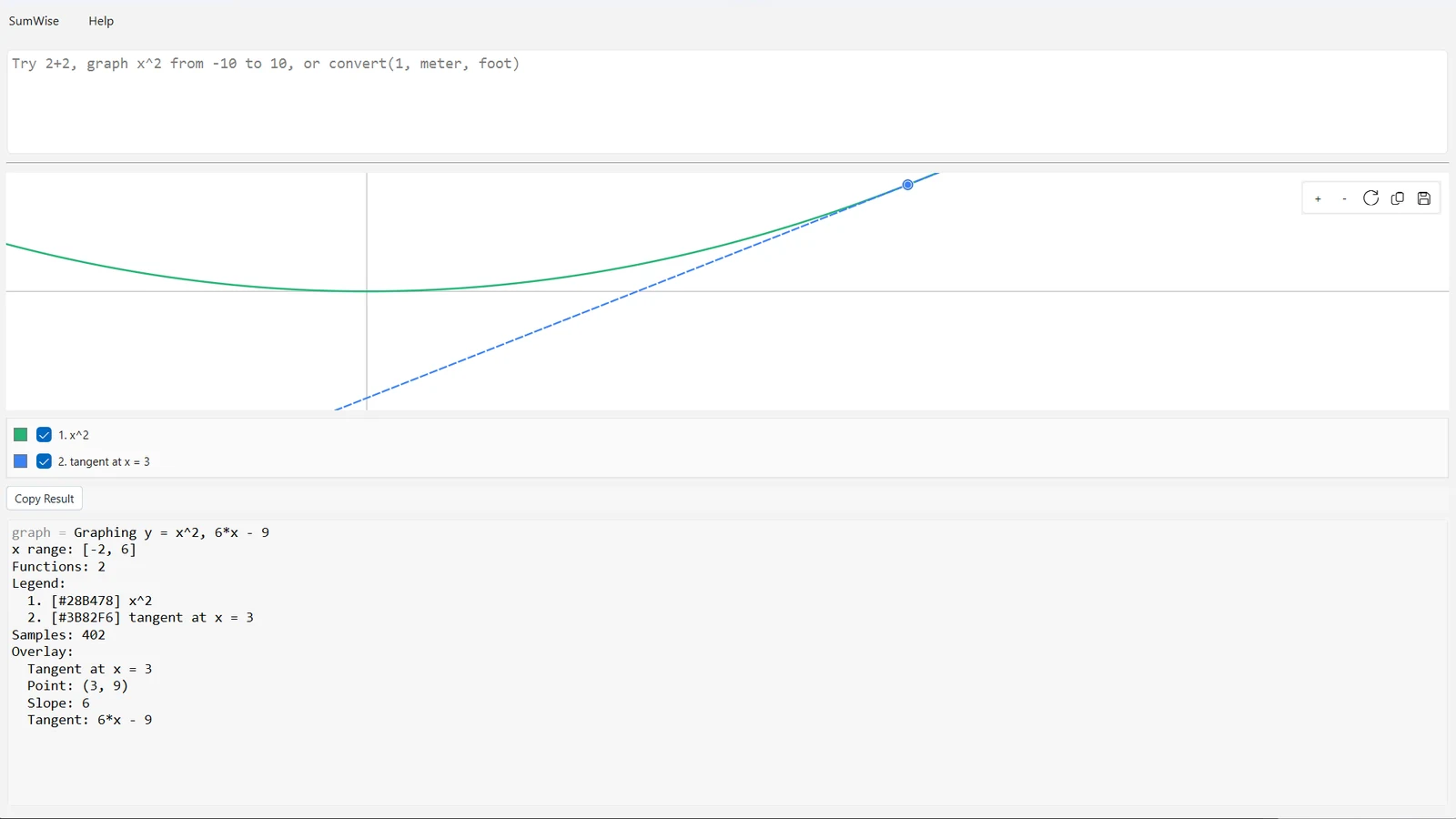 SumWise graph of a parabola with a tangent line, tangent point, and slope.