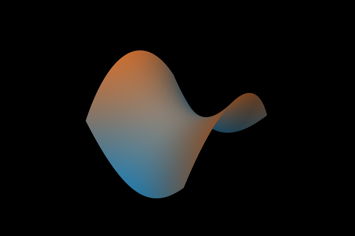 Blue and orange saddle surface curving upward along one direction and downward along the other, on black.