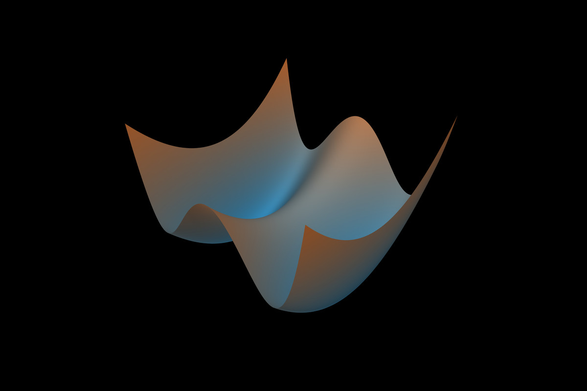 Blue and orange quartic double-well surface with two troughs and a raised central ridge, on black.
